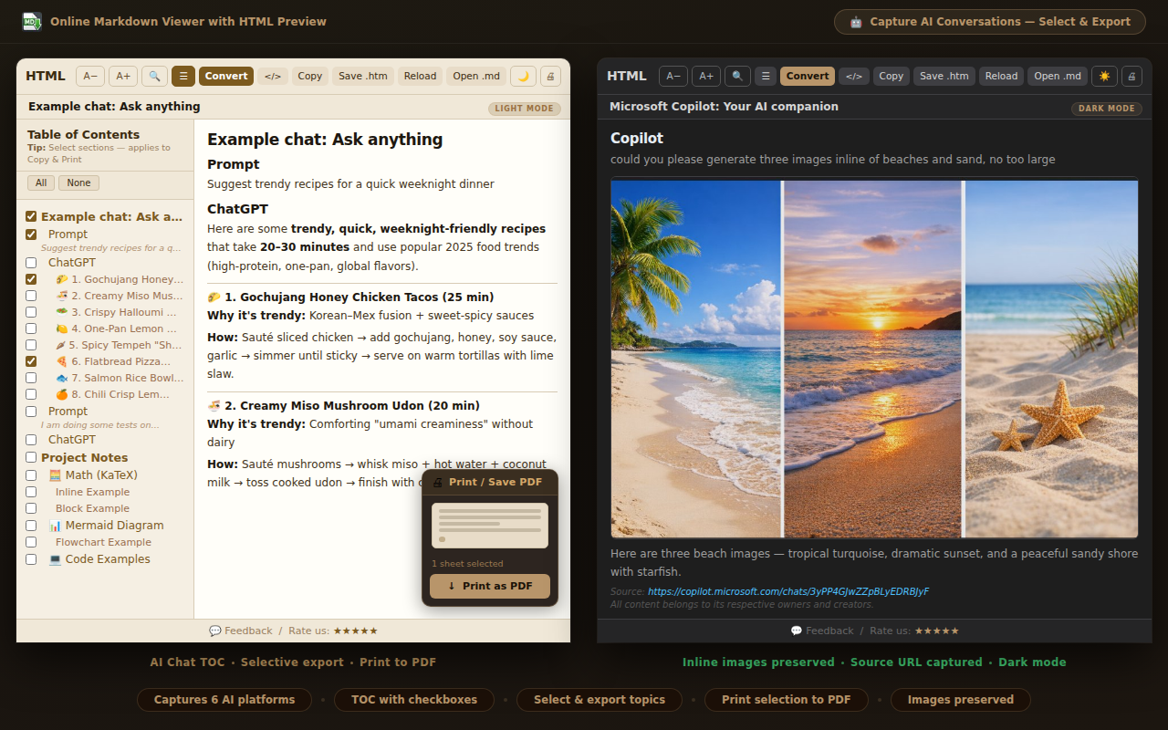 Online Markdown Viewer capturing ChatGPT and Copilot AI conversations — table of contents with checkboxes, selective export and print to PDF