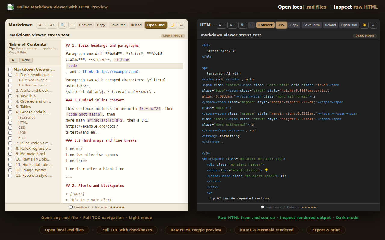 Online Markdown Viewer HTML preview and JSON reader — open local .md and .json files with light and dark mode